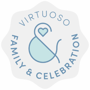 Logo with a heart, ampersand, and text 'Virtuoso Family & Celebration'.